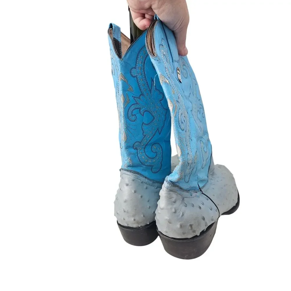 RG Boots 9.5 Light Blue Leather Ostrich Western Cowboy Boot Rodeo Ranch